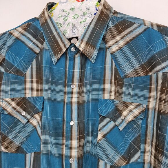 Ely Cattleman Shirt Mens 3X Blue Black Plaid Western Rodeo Big Man Short Sleeve - Picture 2 of 9